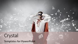  Presentation with hero - PPT layouts featuring young man in hero costume closing ears with palms background and a coral colored foreground