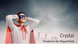  Presentation with hero - Audience pleasing presentation consisting of young man in hero costume closing ears with palms backdrop and a lemonade colored foreground