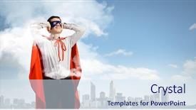  Presentation with hero - Slides enhanced with young man in hero costume closing ears with palms background and a sky blue colored foreground