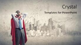  Presentation with hero - Colorful PPT theme enhanced with young man in hero costume closing ears with palms backdrop and a soft green colored foreground