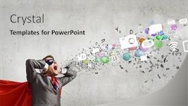  Presentation with hero - Cool new slide deck with young man in hero costume closing ears with palms backdrop and a light gray colored foreground