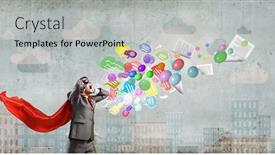  Presentation with hero - Colorful presentation theme enhanced with young man in hero costume closing ears with palms backdrop and a light gray colored foreground