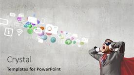  Presentation with hero - Beautiful presentation theme featuring young man in hero costume closing ears with palms backdrop and a light gray colored foreground