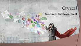  Presentation with hero - PPT theme consisting of young man in hero costume closing ears with palms background and a light gray colored foreground