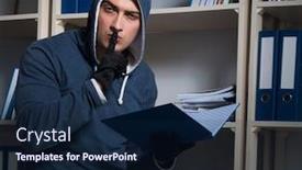  Presentation with industrial espionage - Colorful slide set enhanced with young man in industrial espionage concept backdrop and a navy blue colored foreground