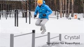  Presentation with heights - Theme enhanced with young-man-in-jacket-jumping background and a light gray colored foreground