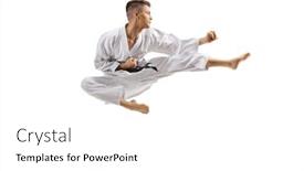  Presentation with kimono - PPT layouts featuring young man in karate kimono jumping and kicking isolated on white background background and a white colored foreground