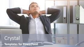 Presentation with workplace - Presentation theme enhanced with young-man-in-office-resting background and a gray colored foreground
