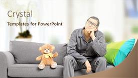  Presentation with thoughts - Slide set having young man in pajamas deep in thoughts seated on a couch with teddy bear next to him at home background and a cream colored foreground