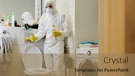  Presentation with mask - Presentation design with young-man-in-protective-gloves background and a coral colored foreground