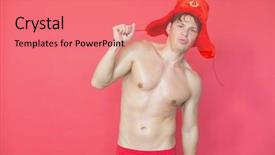  Presentation with star red - Beautiful slide deck featuring young man in red fur cap with red star and red swimming trunks on red background backdrop and a coral colored foreground