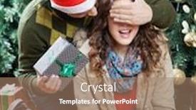  Presentation with christmas presents - Beautiful PPT layouts featuring young man in santa hat surprising woman with christmas presents in store backdrop and a coral colored foreground