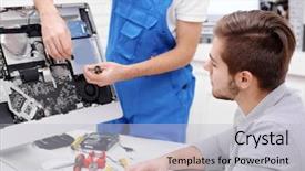  Presentation with multimedia service center - Theme with young man in service center background and a light gray colored foreground