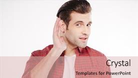  Presentation with ear - Amazing slide set having young man in shirt which holding hand near the ear and listens isolated white background backdrop and a lemonade colored foreground