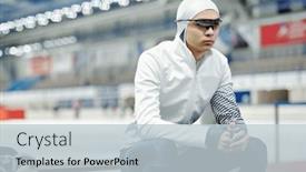  Presentation with man sitting bench - PPT theme having young-man-in-sports-uniform background and a lemonade colored foreground