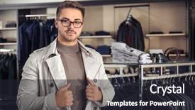  Presentation with young man on the phone - Cool new slide set with young man in stylish coat backdrop and a  colored foreground