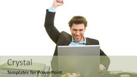  Presentation with front desk - Beautiful PPT theme featuring young-man-in-suit-cheers backdrop and a mint green colored foreground