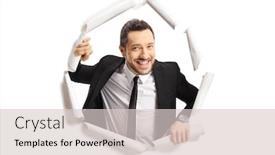  Presentation with young - Audience pleasing presentation consisting of young man in suit looking through a paper hole isolated on white background backdrop and a lemonade colored foreground