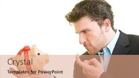  Presentation with piggy bank - PPT theme having young-man-in-suit-lures background and a coral colored foreground