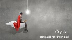  Presentation with super man - Amazing slide deck having young man in super hero costume sitting on roof backdrop and a gray colored foreground