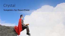  Presentation with super man - Presentation having young man in super hero costume sitting with book in hands background and a teal colored foreground