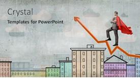  Presentation with super man - Beautiful slide set featuring young man in super hero costume standing on increasing graph backdrop and a light gray colored foreground
