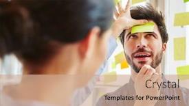  Presentation with team building - Audience pleasing slide deck consisting of young man in team building game with sticky note on forehead having an idea backdrop and a coral colored foreground