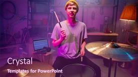  Presentation with jeans - Colorful presentation theme enhanced with young-man-in-tee-jeans backdrop and a violet colored foreground