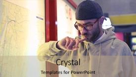  Presentation with young man on the phone - Slides with young man in the subway background and a coral colored foreground