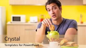  Presentation with food - PPT theme with young man in unhealthy food background and a coral colored foreground