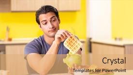  Presentation with food - Colorful PPT layouts enhanced with young man in unhealthy food backdrop and a coral colored foreground