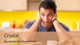  Presentation with food - PPT layouts featuring young man in unhealthy food background and a coral colored foreground