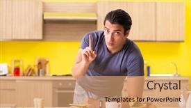  Presentation with food - Colorful PPT layouts enhanced with young man in unhealthy food backdrop and a coral colored foreground