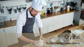  Presentation with dough - PPT theme featuring young man in uniform kneading background and a coral colored foreground