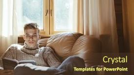  Presentation with log cabin - PPT theme enhanced with young-man-in-warm-sweater background and a tawny brown colored foreground