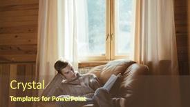  Presentation with log cabin - Presentation theme enhanced with young-man-in-warm-sweater background and a tawny brown colored foreground