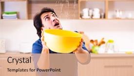  Presentation with neighbors - Beautiful PPT theme featuring young man in water leakage backdrop and a coral colored foreground