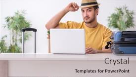  Presentation with departure - Amazing PPT theme having young-man-in-wheel-chair backdrop and a light gray colored foreground