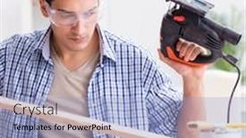  Presentation with woodworking - Cool new slide deck with young-man-in-woodworking-hobby backdrop and a light blue colored foreground