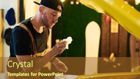  Presentation with electric car - Presentation theme enhanced with young-man-in-workwear-standing background and a tawny brown colored foreground