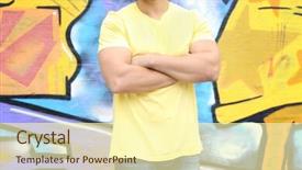  Presentation with graffiti - Colorful PPT theme enhanced with young man in yellow t-shirt against graffiti wall closeup backdrop and a cream colored foreground