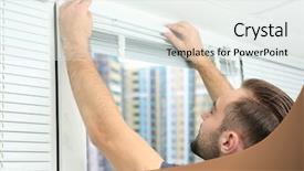  Presentation with blind - Presentation design with young man installing window blinds background and a sky blue colored foreground