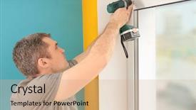  Presentation with young - PPT theme with young man installing window shades background and a coral colored foreground