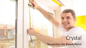  Presentation with home window frame - PPT layouts having young man installing window shades background and a lemonade colored foreground