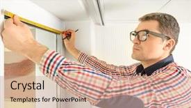  Presentation with young - Colorful PPT theme enhanced with young man installing window shades backdrop and a coral colored foreground