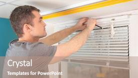  Presentation with home window frame - Audience pleasing slide deck consisting of young man installing window shades backdrop and a coral colored foreground