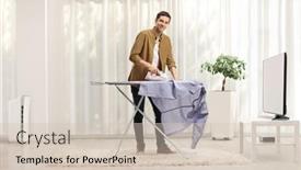  Presentation with ironing - PPT layouts featuring young-man-ironing-a-shirt background and a soft green colored foreground
