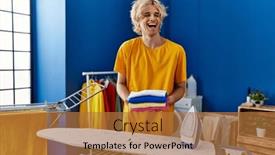  Presentation with ironing - Presentation design enhanced with young-man-ironing-clothes background and a red colored foreground