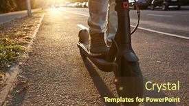  Presentation with electric scooter - Beautiful PPT theme featuring riding on the electric scooter backdrop and a tawny brown colored foreground