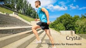  Presentation with business man climbs up to the top of 3d success stairs steps - Audience pleasing PPT theme consisting of young man jogging at stairs backdrop and a lemonade colored foreground